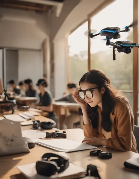 Chinese University，UAVs，A student pilots a drone，Female college student wearing virtual glasses，Drawing board，pigment，cameras，A boy sits at a desk sorting out his materials，group portraits，high detal，tmasterpiece，University life，（（wearing vr goggles, Use a...