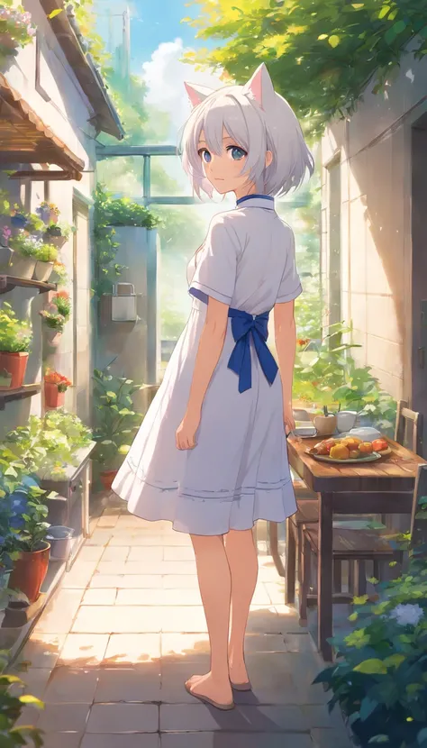 Anime cat ear boy standing in garden in white dress, Make breakfast in the kitchen，Shota in dress, small curvaceous Shota, Guviz-style artwork, Guweiz in Pixiv ArtStation, Guweiz on ArtStation Pixiv, Guviz, small Shota boy, Soft anime illustration, Anime v...