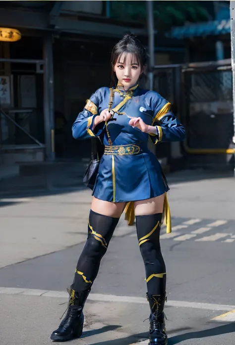 Schoolgirl in kung fu cheongsam dress、、kneehigh boots、fighting poses、blue and yellow、Good Style、thick leg、bulging chest、Wearing stocking tights