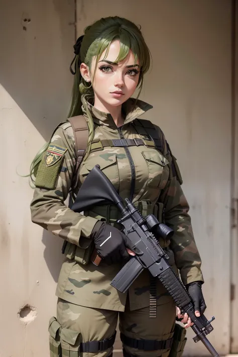 GAROTA DE ANIME DE SAIA MILITAR,TUDO MILITAR CAMUFLADO COM ARMAS E UM FUZIL NA MAO,PEITOS GRANDES