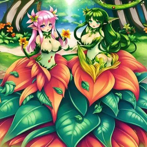 2girl, alraune (Monster Girl Encyclopedia), full bodyesbian, wetty, honey, vine, outstretched arm, a plant, mano, slimy leaves, florals, ​masterpiece, top-quality, ​masterpiece,