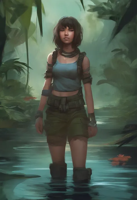 14 years old girl in lake in jungle, Bob hair bangs, heavy boots, beautiful face, amazing body, perfect eyes