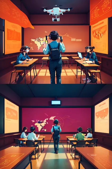 Teachers and students in the classroom, Decorated with pictorial elements, Some students are flying drones, Some students are using cartographic tools, Some students are playing with virtual reality, The teacher is taking pictures of the students with a vi...