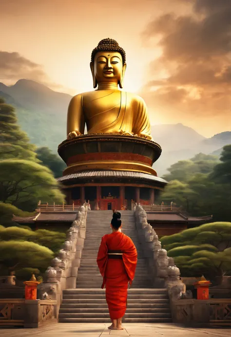 great masterpiece，Huge Buddha statue in the distance，There are steps leading to it, (Zen temple background:1.2), digital painting of a pagoda, inspired by Kaigetsudō Anchi, buddhist art, bodhisattva, Beautiful rendering of the Tang Dynasty, 3Drenderingof，8...