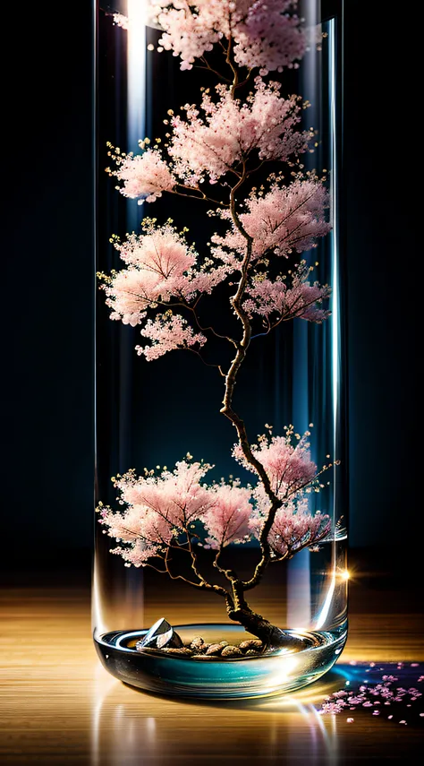 Cherry blossom tree in a bottle, Fluffy, Realistic, Atmospheric light refraction, author：Lee Jeffries Nikon D850 Film Stock Photo 4 Kodaport 400 Camera F1.6 Shots rich colors Ultra-realistic realistic textures Dramatic lighting Trends on Unreal Engine ArtS...