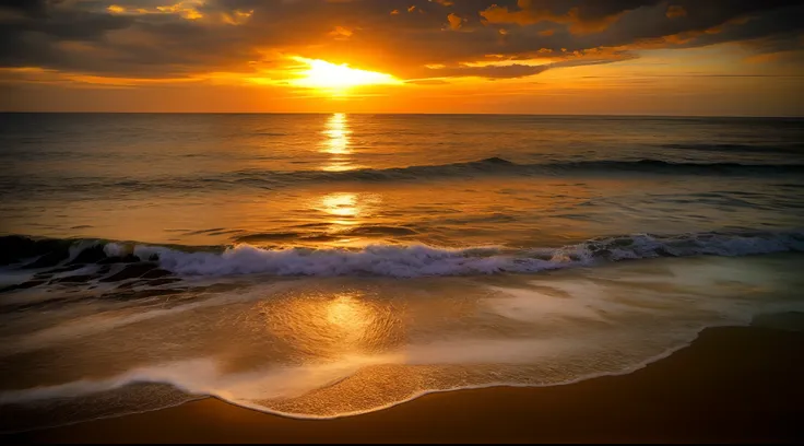 arafed view of a sunset over the ocean with waves, which shows a beach at sunset, sunset at the beach, the most beautiful sunset, beach sunset background, sunset on the beach, golden sunset, on the beach during sunset, at the beach on a sunset, golden hour...