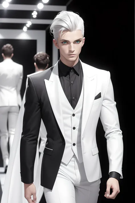 (((Masterpiece))), top quality, create an image of a sexy dapper man wearing a fashionable gothic style white suit walking down the runway, long white and black two toned hair, green eyes, highly detailed textures, absurdres, intricate details, bloom,