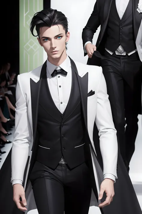 (((masterpiece))), top quality, create an image of a sexy dapper man wearing a fashionable gothic style white suit walking down ...