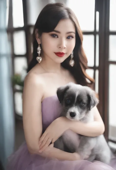 A sweet girl，closeup cleavage，beautidful eyes，black hair，Blue-purple，heart earrings，blue bow，Lady holding white dog，Beautiful girl style，solid color backdrop，sprightly，Soft color palette，is shy，Pubic area is clear，16K，the detail