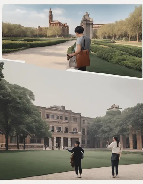 Chinese University，UAVs，A student pilots a drone，Sketching female college student，Drawing board，pigment，（Take a recording with a camera），A boy stood on the campus and looked up，Holding a notebook of records，group portraits，high detal，tmasterpiece，Universit...