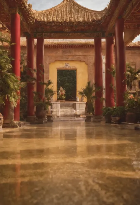 Um grande palacio chines dourado, vista de frente, janelas de vitrais coloridos, ensolarado, em xangai, sem arvores em volta, grande escadaria na frente