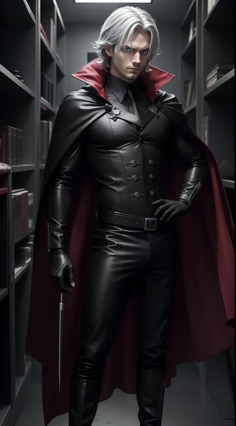 um cientista alto e magro, with silver, shaggy hair falling over his pale face. His eyes are bright and intense, with red irises that reflect your obsession with technology. He wears a malevolent scientist costume with a flowing black cape, accentuating it...