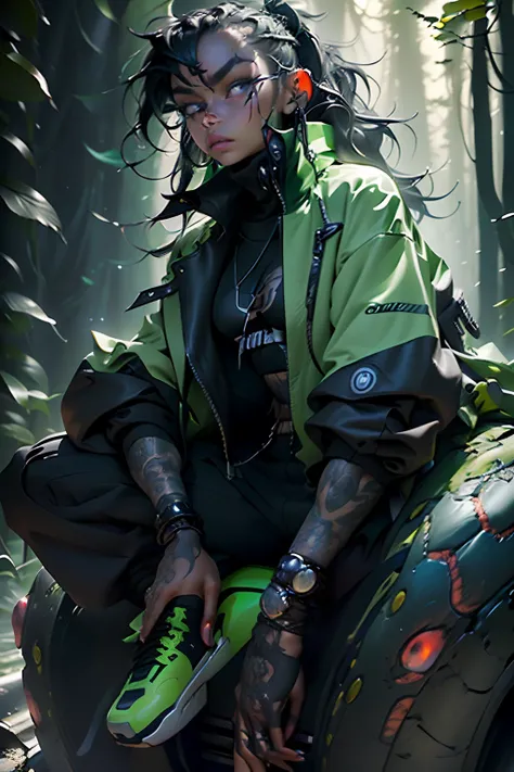 girl wearing sage green futuristic jacket, slim body, black turtle neck attire, big jacket, serious face, chains, tattoos, cool sit pose, big eyes, glowing forest background