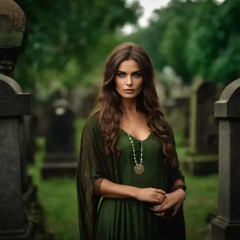 segurando uma bola brilhante, mago feminino, Estilo Necromante: Worn brown tunic, olhos verdes, um cabelo desarrumado. Background image of cemetery, Gender Female