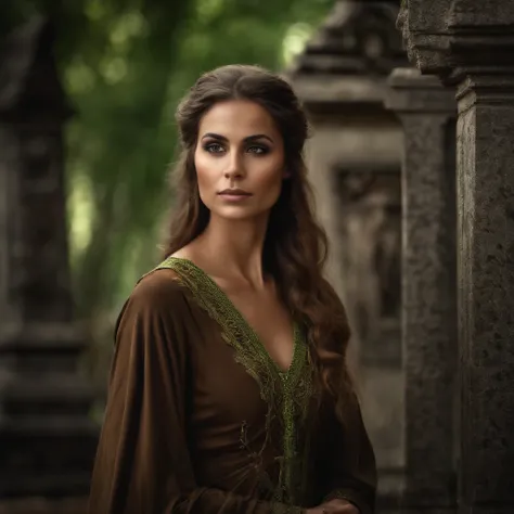 segurando uma bola brilhante, mago feminino, Estilo Necromante: Worn brown tunic, olhos verdes, um cabelo desarrumado. Background image of cemetery, Gender Female