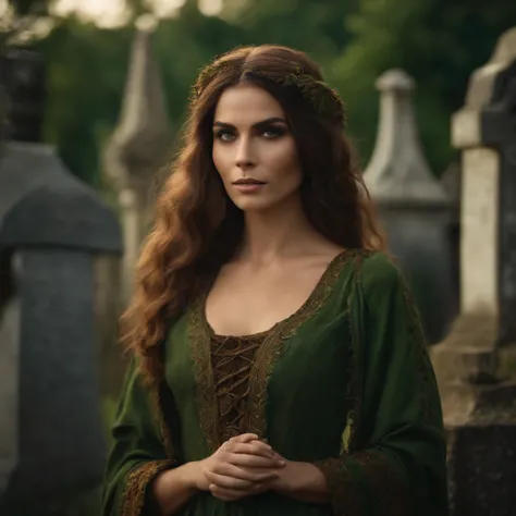 segurando uma bola brilhante, mago feminino, Estilo Necromante: Worn brown tunic, olhos verdes, um cabelo desarrumado. Background image of cemetery, Gender Female