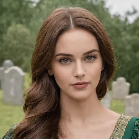 segurando uma bola brilhante, mago feminino, Estilo Necromante: Worn brown tunic, olhos verdes, um cabelo desarrumado. Background image of cemetery, Gender Female