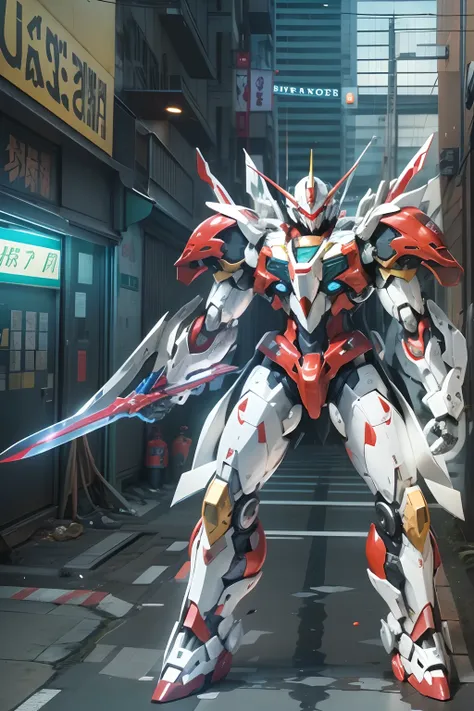 Close-up of a robot with a sword and a red and white suit, modern mecha anime, Japan Tekkaman Blade, a Knight of the Romantic Universe，anime robotic mixed with organic, mecha anime, anime large mecha robot, cool mecha style, eva unit 0 1, anime robots, Ext...