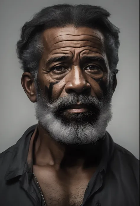 arafed man with a beard and a mustache looks into the camera, foto do retrato de um homem velho,  with several indigenous necklaces with colored seeds on the neck, vestido com uma blusa branca surrada, ( blusa branca) (camisa branca), retrato ultra detalha...