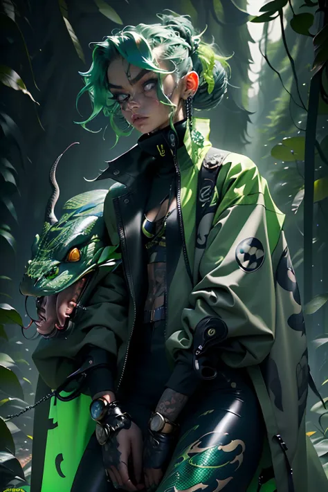 girl wearing sage green futuristic jacket, with a pet snake, slim body, black turtle neck attire, big jacket, serious face, chains, tattoos, cool sit pose, big eyes, glowing forest background