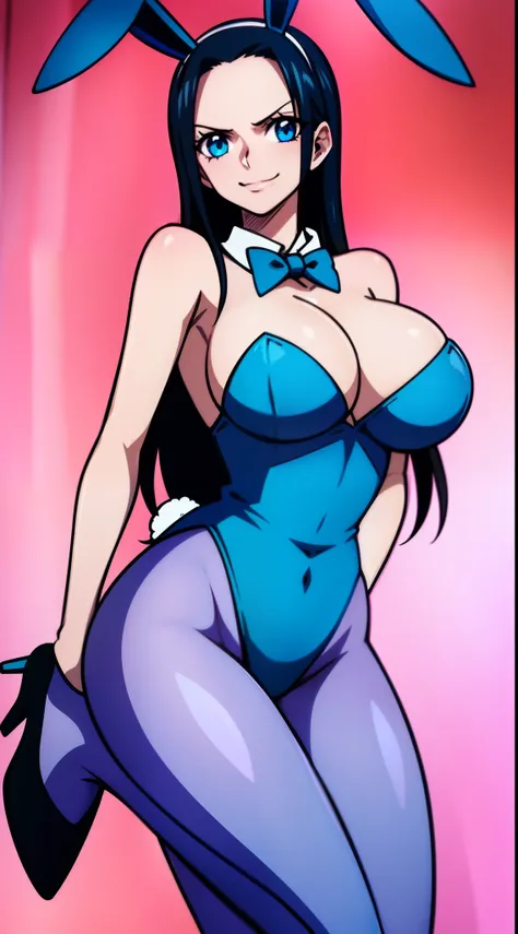 Nico Robin One Piece, 8k, Perfect quality eyes blue eyes Nico Robin, 1girl, aqua eyes, Black hair,  huge breasts smile bunny girl bunnysuit translucent bunnysuit, see-through, (((blue playboy bunny))), green pantyhose, red leotard, rabbit ears, white bowti...