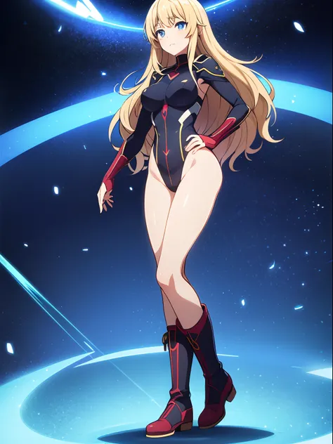 masterpiece, best quality, 1girl, superhero, leotard, bare legs, boots, matching boots, medium breasts, light particles, aura, blue aura, stand, standing, highleg, space backdrop, hand on hip, blonde hair, long hair