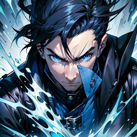 Home high wearing blue coat and black jeans, adulto, forte, black eyes and spiky hair kind of messy. Hes in a dynamic position, Looking at the viewer with an expression of boredom and expressionlessness. A magical blue energy, emanando de seus olhos e um p...