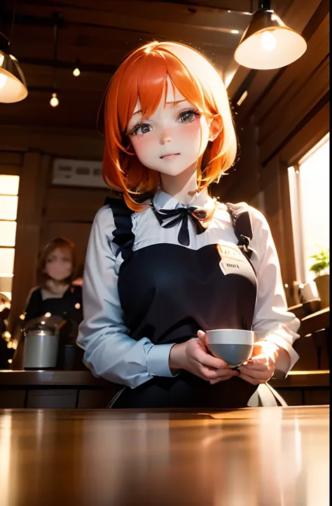 (masutepiece), Best Quality, Ultra-detailed,girl with,White Business Shirt、bionde、small nose、blurry backround、Quaint coffee shop、In the dimly lit chamber、Warm lighting