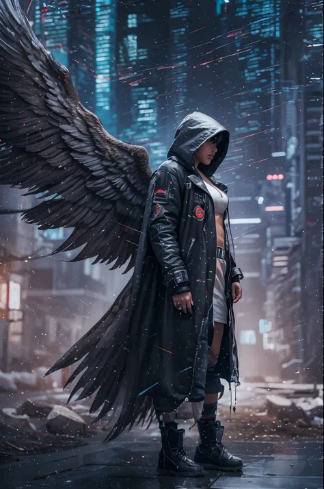 Create an ultra-wide photo of an angel wearing a cyberpunk-style coat and hood, against an abstract post-apocalyptic background. The overall style of the image should be minimalist with an Artgem touch. The angel should be rendered in a warrior and angelic...