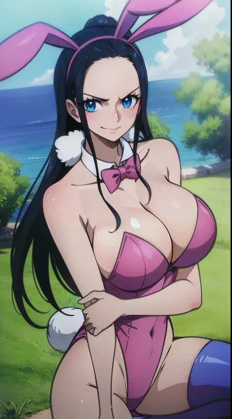 Nico Robin One Piece, 8k, Perfect quality eyes blue eyes Nico Robin, 1girl, aqua eyes, Black hair,  huge breasts smile bunny girl bunnysuit translucent bunnysuit, see-through, (((pink playboy bunny))), pink pantyhose, pink leotard, rabbit ears, red bowtie,...