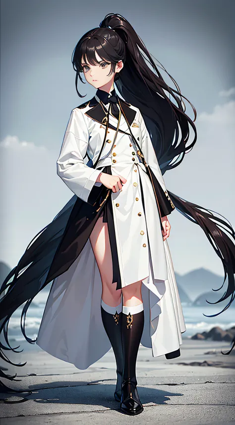 (Best quality,4K,Ultra-detailed,Photorealistic:1.2),A girl with long black hair and black eyes. her hair cascading down her back, Tied into a ponytail. She had a serious expression, Brows furrowed slightly. She wears a white suit, White stockings, and ligh...