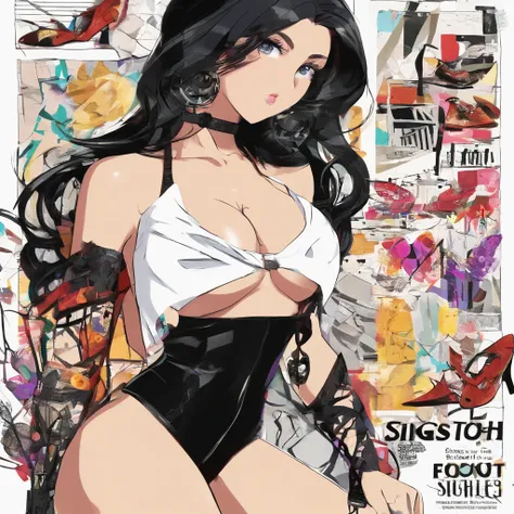 (((slingshot swimsuit ))),(gigantic cleavage breasts:1.5),(nakeness),(Solo),(White background)，Long black hair，Black colored eyes，Stand up，The right hand crosses the waist，，Super-heeled sandals，grin