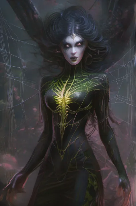 A spider woman fused with a slime creature: best quality, ultra-detailed, realistic, portrait, dark colors, eerie lighting, intricate web patterns, mesmerizing eyes, slimy texture, creepy crawlies, twisted limbs, unsettling atmosphere, haunting presence, s...