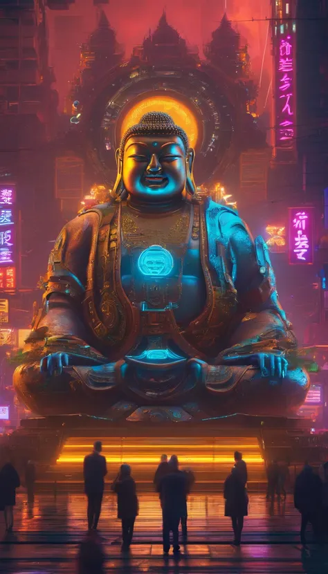 Super giant mechanical Buddha statue，Adoring crowds，In steampunk style，super-fine，8K，Works of masters，Meticulous mechanical depiction，OC renderer，