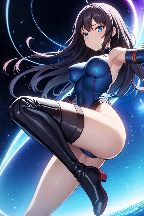 masterpiece, best quality, 1girl, superhero, leotard, bare legs, boots, matching boots, medium breasts, light particles, aura, blue aura, space backdrop, cyclone spinning