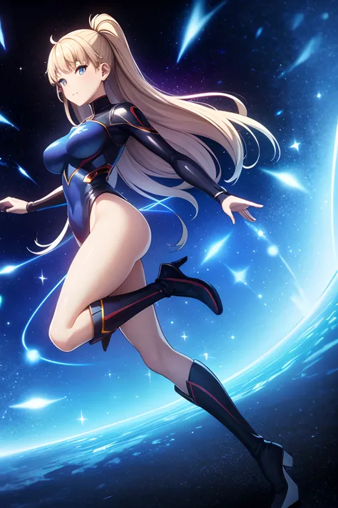 masterpiece, best quality, 1girl, superhero, leotard, bare legs, boots, matching boots, medium breasts, light particles, aura, blue aura, space backdrop, cyclone spinning