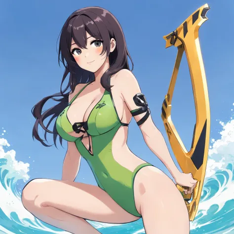 (((slingshot swimsuit ))),(gigantic cleavage breasts:1.5),(nakeness),(Solo),(White background)，Long black hair，Black colored eyes，Stand up，The right hand crosses the waist，，Super-heeled sandals，grin