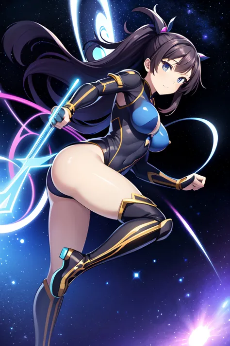 masterpiece, best quality, 1girl, superhero, leotard, bare legs, boots, matching boots, medium breasts, light particles, aura, blue aura, space backdrop, cyclone spinning