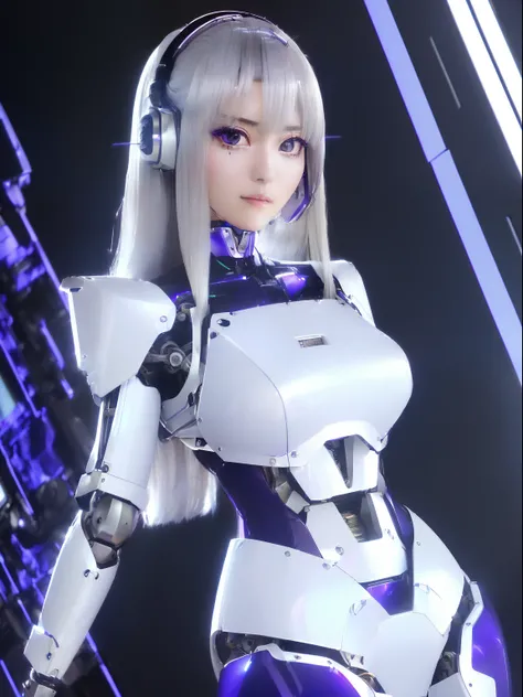 ((masutepiece)), ((top-quality), high quarity、ultra-definition, Realistic,  fulcolor 、One beautiful robot woman、Joints of machines、Frame of the machine、Thick wire joints、White porcelain mechanical armor、(Curvaceous face)、deadpan、Purple straight hair、Wide S...