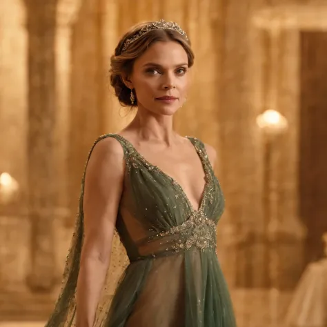 Michelle Pfeiffer, 30 anos de idade, Dancer in a long dress with side openings, cabelos soltos, orelhas de elfo detalhadas, dancing shoes, tiara dourada na testa, facial expression of tenderness, olhos claros, Face looking at the camera, Golden bracelets o...