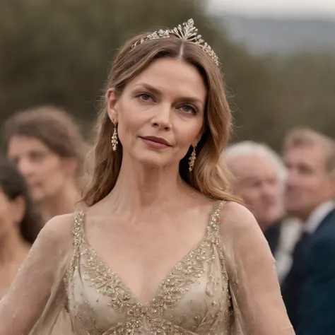 Michelle Pfeiffer, 30 anos de idade, Dancer in a long dress with side openings, cabelos soltos, orelhas de elfo detalhadas, dancing shoes, tiara dourada na testa, facial expression of tenderness, olhos claros, Face looking at the camera, Golden bracelets o...