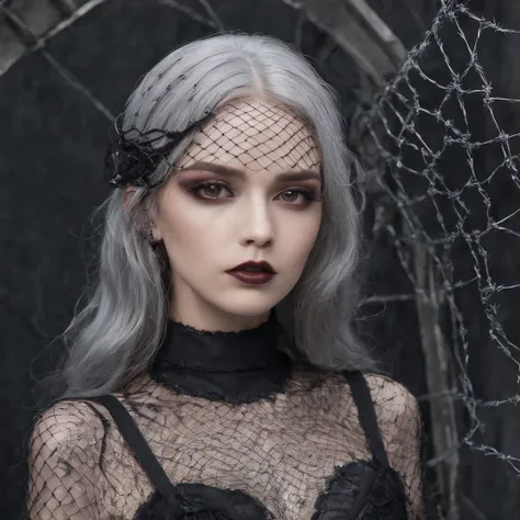 Girl with gothic net symbolic clothes, 。.com (Barbed wire of the body) brunette color hair，Gray hair ends