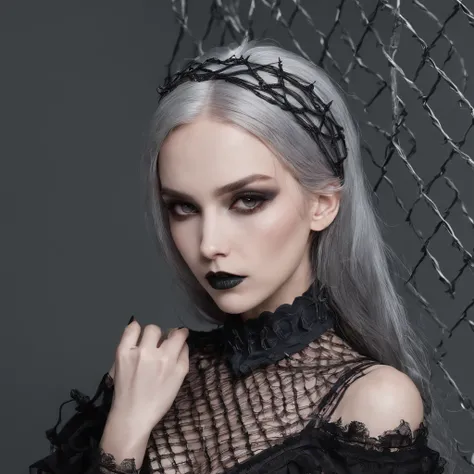 Girl with gothic net symbolic clothes, 。.com (Barbed wire of the body) brunette color hair，Gray hair ends