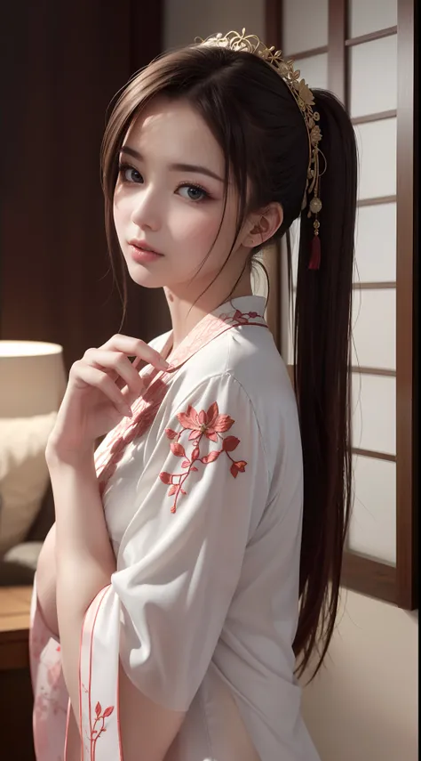 (Best quality,4K,8K,A high resolution,Masterpiece:1.2),Ultra-detailed,(Realistic,Photorealistic,photo-realistic:1.37),Delicate depiction of cherry blossom motif on traditional Chinese gauze dress, Dynamically capture Tai Chi elements, Flowing fabric, vivid...