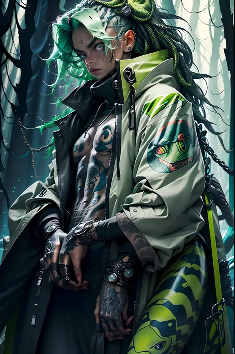 girl wearing sage green futuristic jacket, with a pet snake, slim body, black turtle neck attire, big jacket, serious face, chains, tattoos, cool sit pose, big eyes, glowing forest background