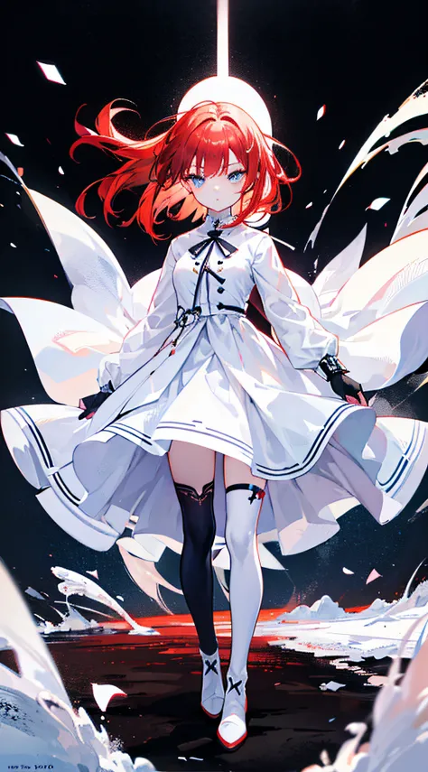 1girll;Short fiery red hair;messy hair style；Azuka blue eyes;Calm expression;white dresses；Medium build；black over-the-knee socks；White boots;Good light;Vacant land