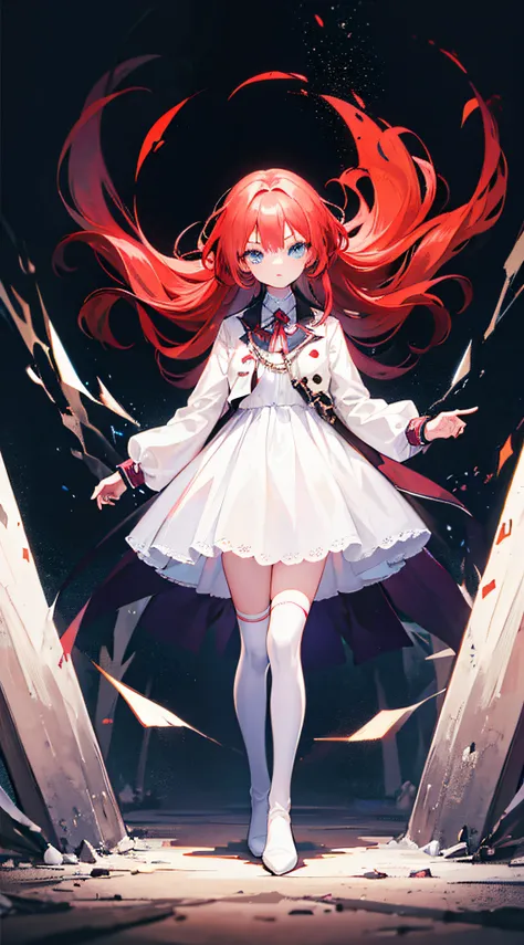 1girll;Short fiery red hair;messy hair style；Azuka blue eyes;Calm expression;white dresses；Medium build；black over-the-knee socks；White boots;Good light;Vacant land