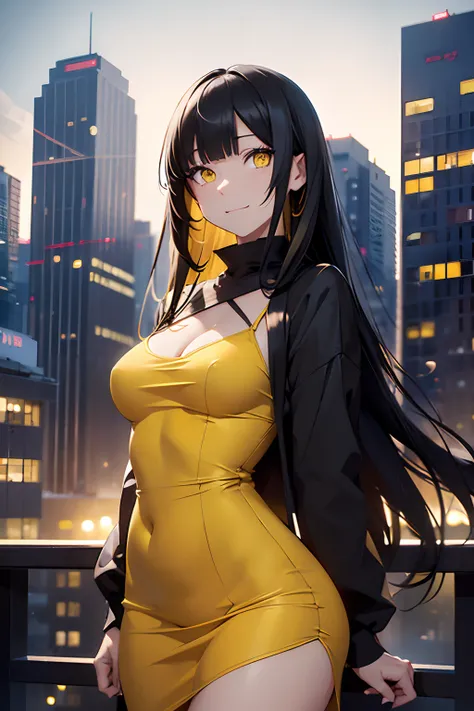 masutepiece (Photo_(Medium):1.2), (Photorealistic:1.2), Hyper realistic, Photorealism, Woman, Full body, full growth, Black hair, Long hair, Bangs, Yellow eyes, Eyelashes, Creepy grin, Beauty Skin Tight Yellow Dress, Small sized breasts, night city backgro...