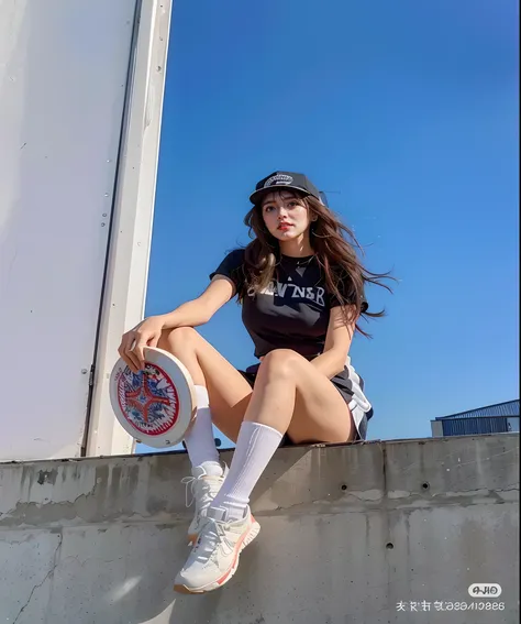 A woman sitting on a windowsill, Take the frisbee, sitting on rooftop, Wear casual street-style clothing, A girl sits on a rooftop, In a relaxed posture, on the rooftop, Shot with a Hasselblad camera, A woman in street clothes, With cityscape background, w...