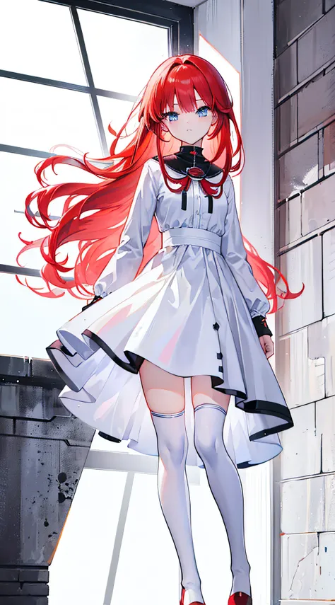 1girll;Short fiery red hair;messy hair style；Azuka blue eyes;calm expression;white dresses；Medium build；black over-the-knee socks；White boots;Good light;Vacant land